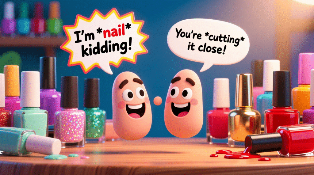 Cartoon-style nails laughing and chatting with playful comic-style text bubbles showing funny nail puns, colorful nail polish bottles in the background, cheerful and humorous atmosphere