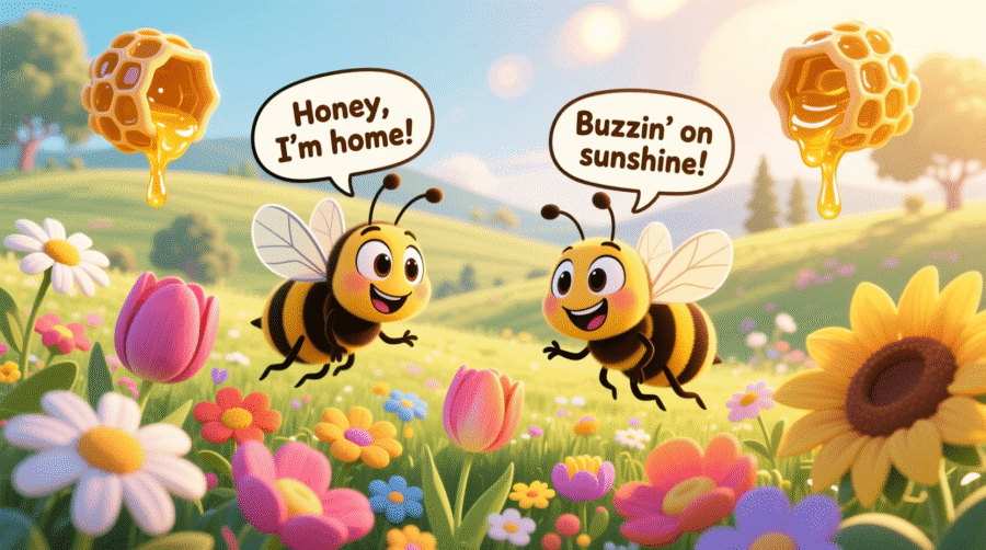 Cute cartoon bees buzzing around bright yellow honeycombs with playful text that says “Bee Puns and Jokes” in a fun, cheerful style.