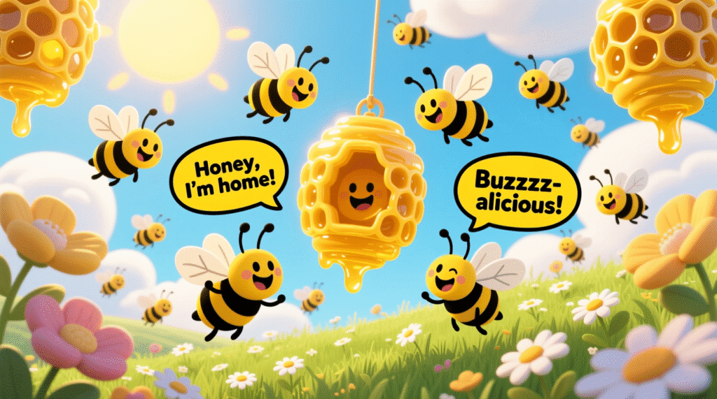 Cute cartoon bees buzzing near honeycombs with playful joke speech bubbles in a bright, kid-friendly design.