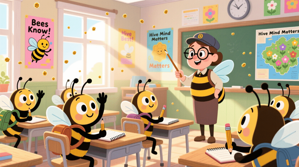 Classroom full of cartoon bees learning at desks