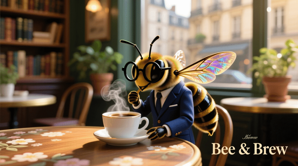 Stylish bee wearing glasses and sipping coffee