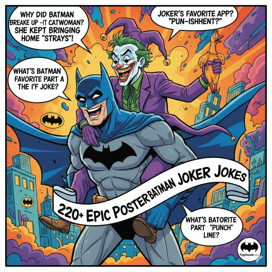ChatGPT said: "Funny comic-style poster of Batman and Joker laughing with colorful speech bubbles,