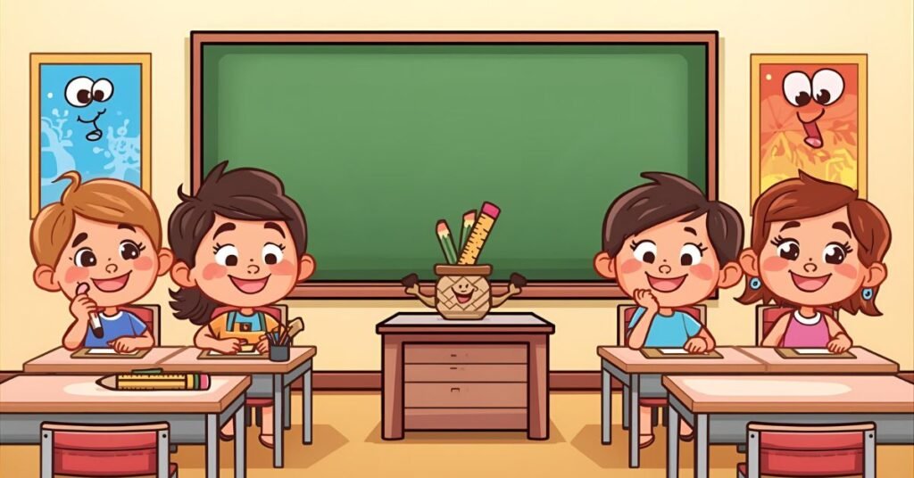 Classroom scene with smiling school supplies