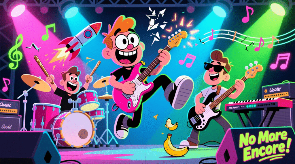 A lively cartoon band rocking the stage with comedic energy.