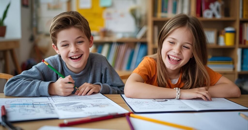 Homework and pencils with funny expressions