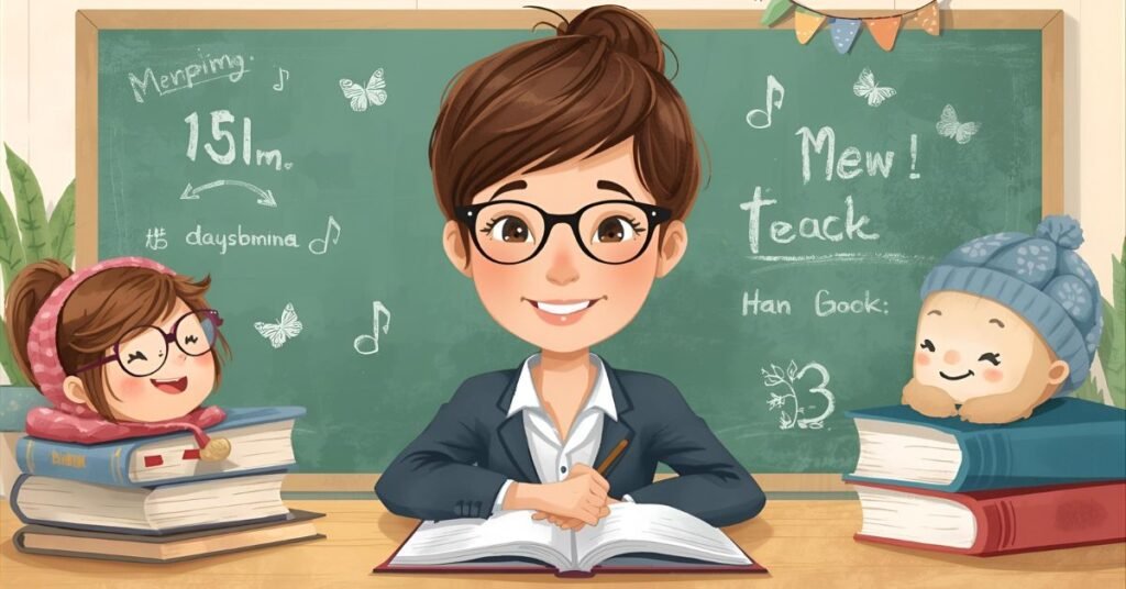 Teacher with happy school characters