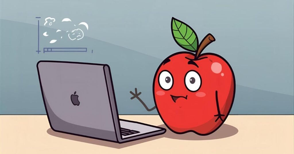 apple using laptop making tech jokes