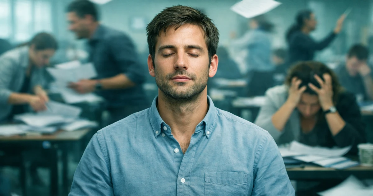 a person sitting calmly in a stressful situation like a busy office or exam hall while everything around looks chaotic slightly blurred background cool green tones soft lighting sharp focus on relaxed facial expression symbolizing calmness under pressure cinematic composition