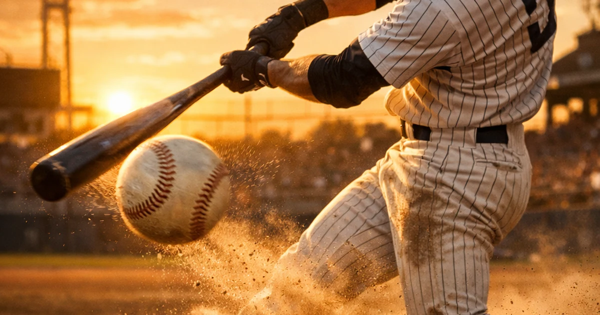 A realistic baseball field during golden hour with a player swinging a bat mid action, ball in motion, dust rising, cinematic lighting, high detail, dynamic composition, conveying speed and power