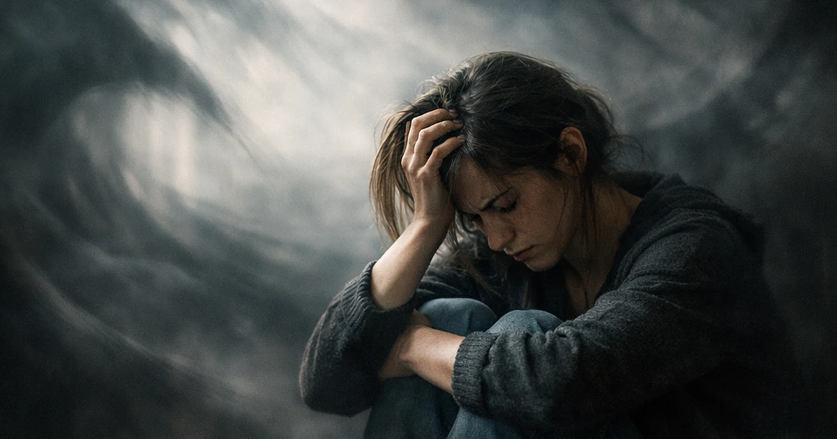 a person sitting alone in a dim room with soft natural light, surrounded by blurred shadows shaped like waves and tangled lines to visually represent anxiety, highly detailed, emotional expression, cinematic composition