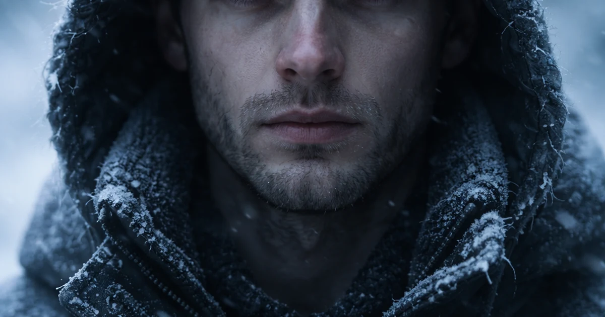 a person with an emotionless face standing in a cold icy environment with frost in the air soft blue tones and dramatic lighting symbolizing emotional coldness cinematic composition