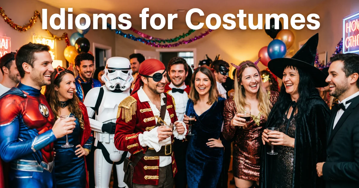 Colorful costume party showing idioms for costumes with masks and dress up expressions