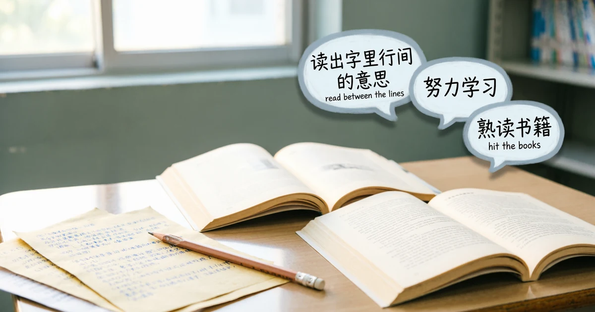 Open books and notes showing common idioms for reading for students and ESL learners.