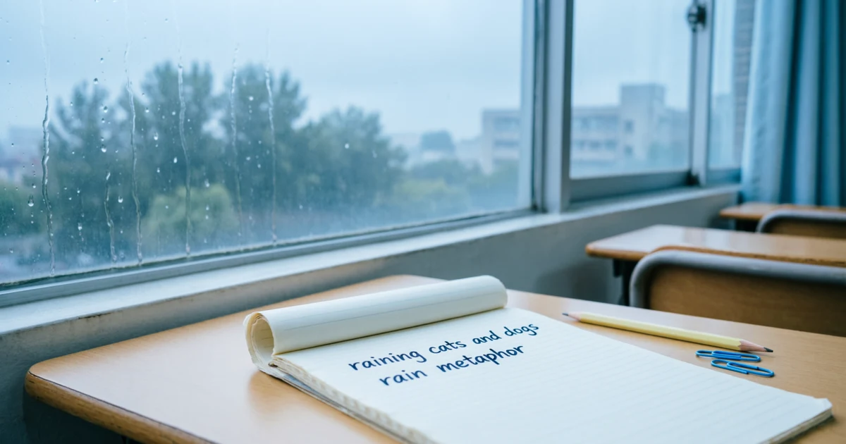 Notebook with rain idioms and rain metaphors written beside a rainy classroom window