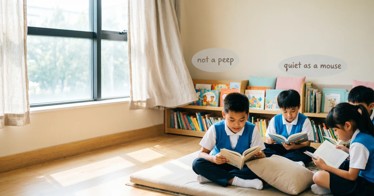 Students reading quietly with examples of idioms for quiet in a calm classroom