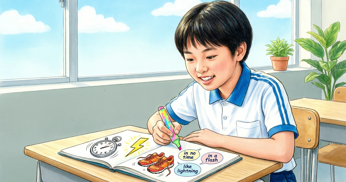 Student learning idioms for quick with stopwatch, lightning, and English phrase examples