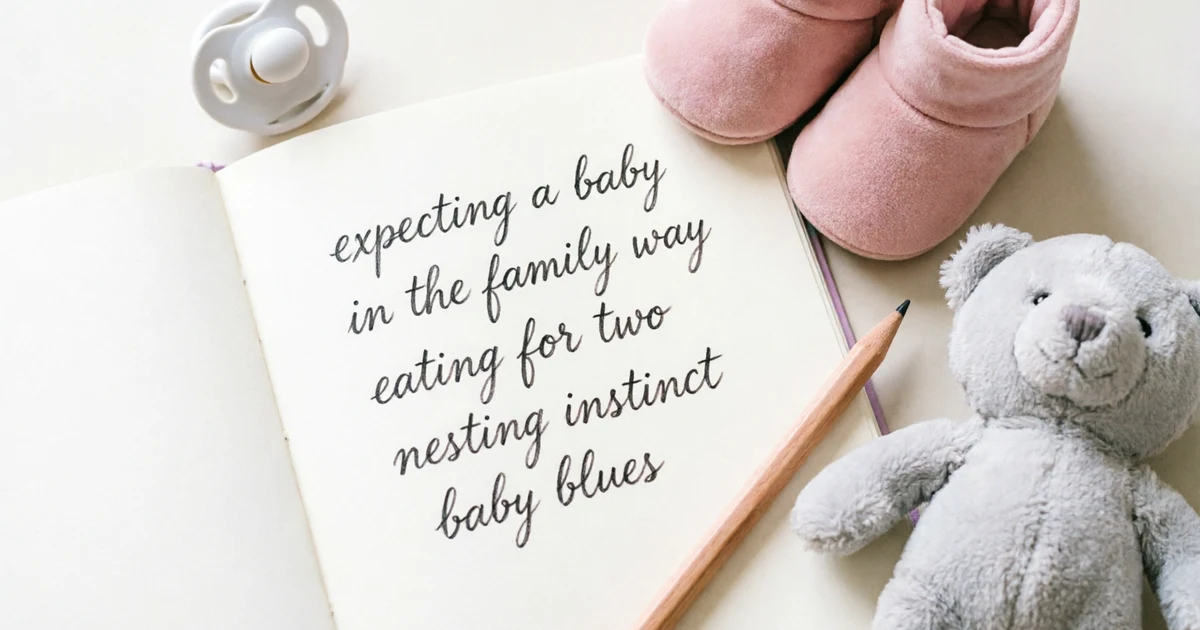 Notebook showing idioms for pregnancy with soft baby items and study materials for English learners