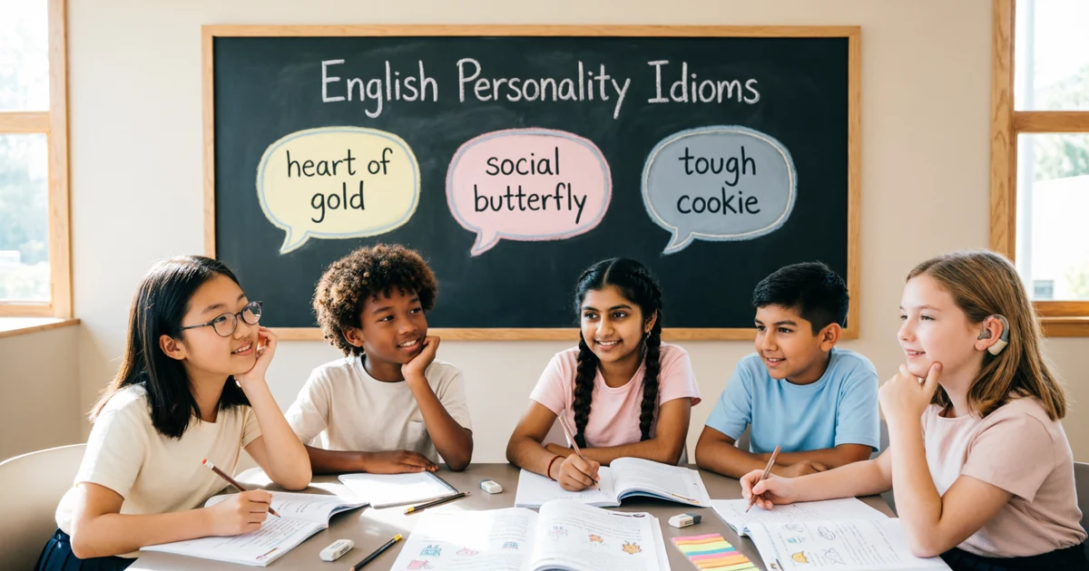 Students learning idioms for personality with examples on a classroom board
