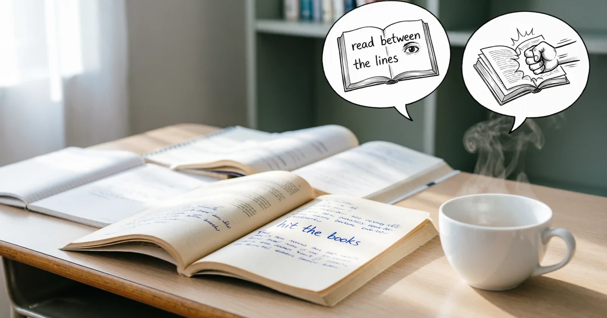 Open books and notes illustrating common idioms for reading and their meanings.