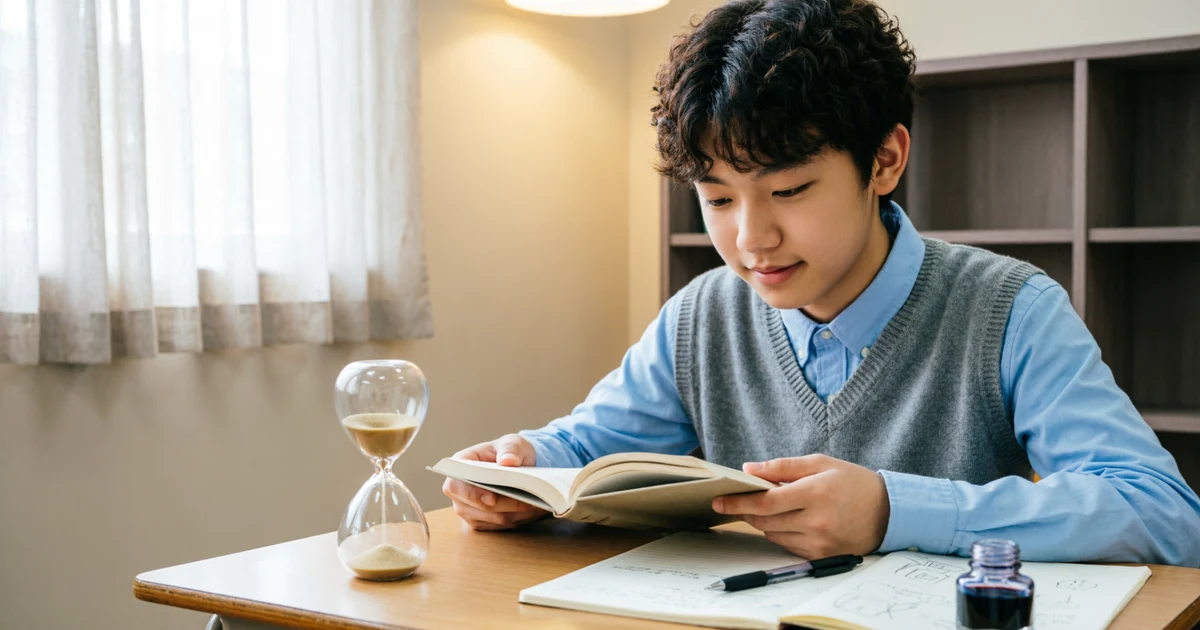 Student calmly reading beside an hourglass to represent idioms for patience and steady learning.
