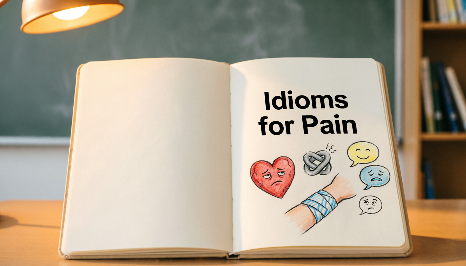 Notebook showing idioms for pain with simple symbols for headache, heartache, and emotional discomfort.
