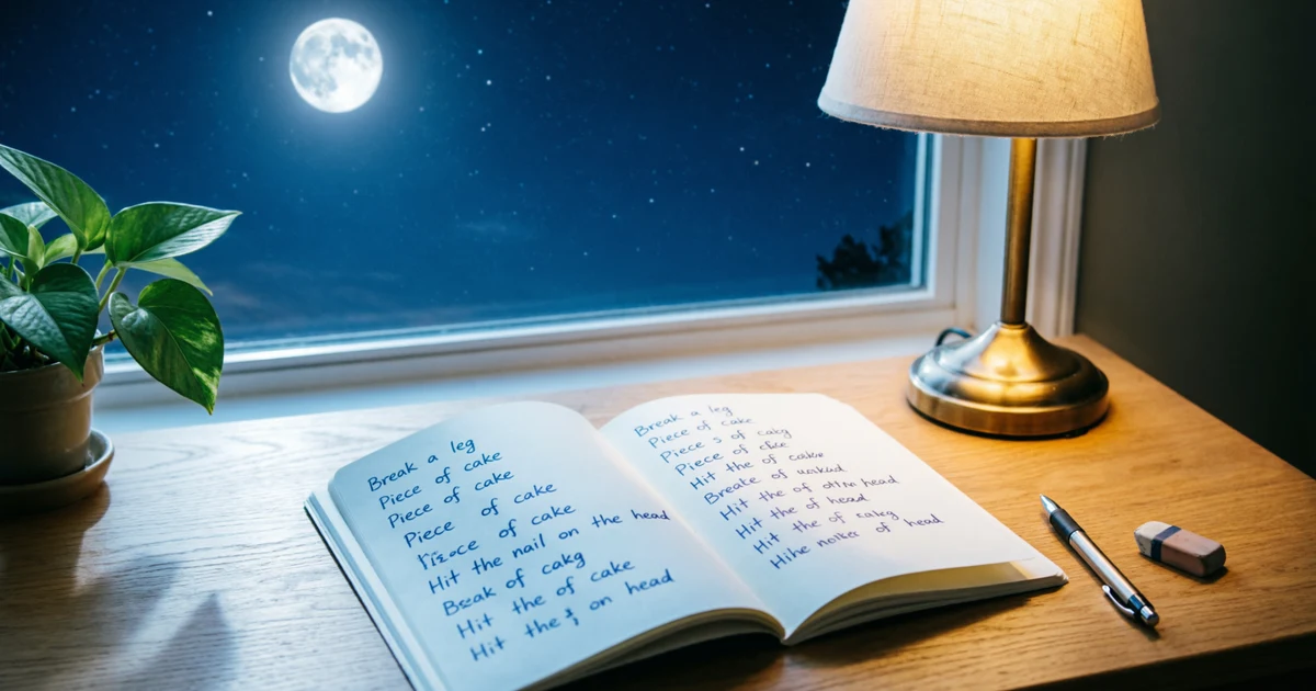 Night idioms and metaphors study scene with notebook, moonlight, stars, and warm desk lamp