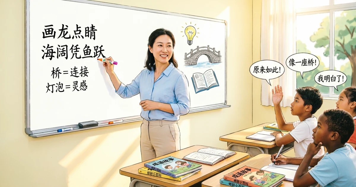 Teacher explaining idioms for teaching and metaphors to students in a classroom