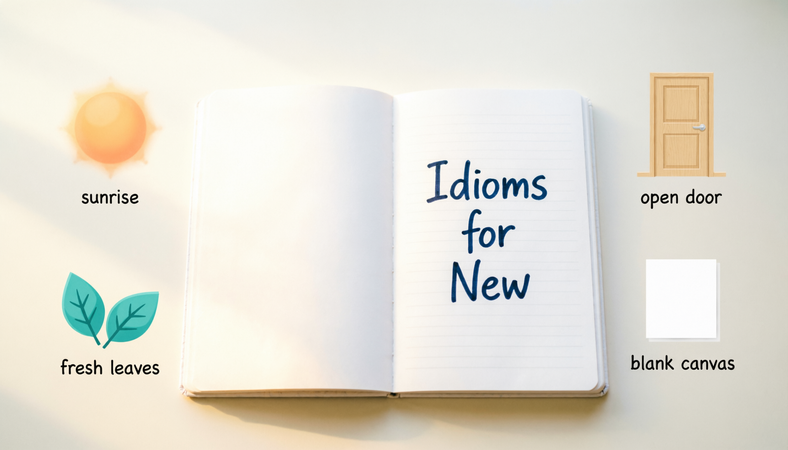 Notebook showing idioms for new with symbols of fresh starts, new beginnings, and metaphor examples.
