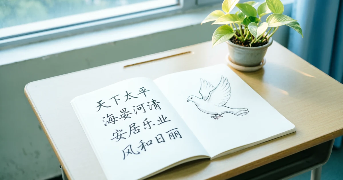 Open notebook with peace idioms in a calm learning setting