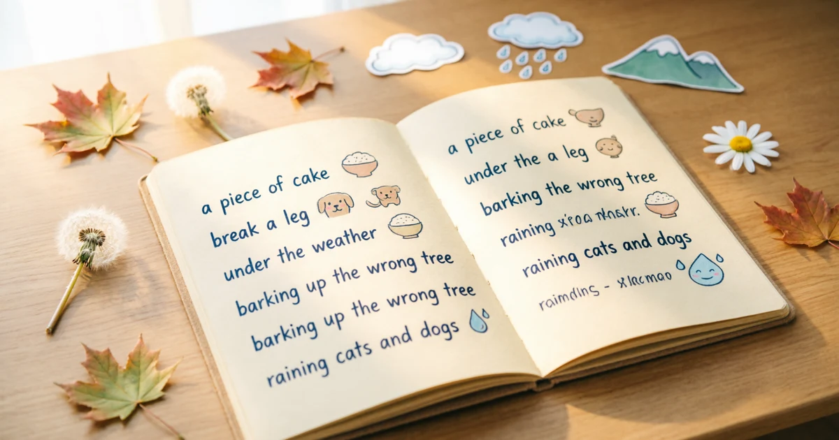 Open notebook with nature idioms, leaves, clouds, mountains, and metaphor examples for English learners.