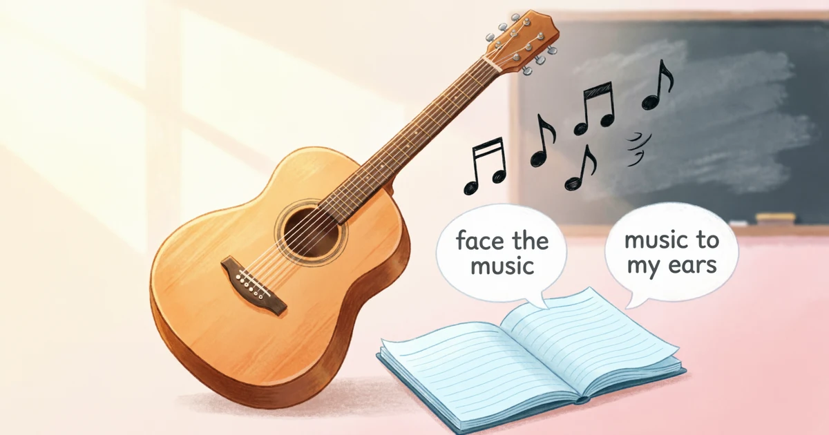 Illustration of music idioms and metaphors with musical notes, a guitar, and classroom writing elements.