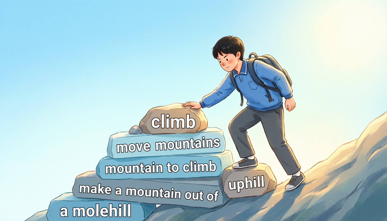 Student climbing a mountain of English idioms and metaphor examples.