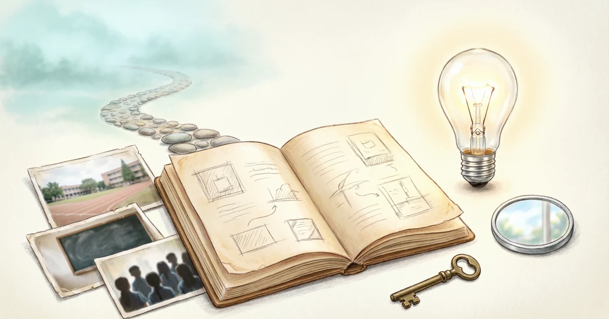 Illustration of memory idioms and metaphors with notebook, photos, key, mirror, and learning symbols