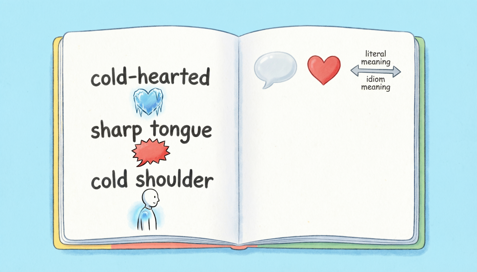 Student notebook showing idioms for mean with speech bubbles and simple classroom-style language icons.