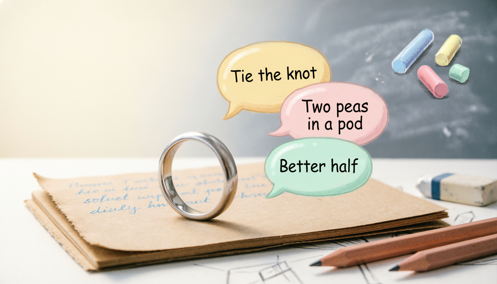 Wedding ring and notebook illustrating idioms and metaphors for marriage