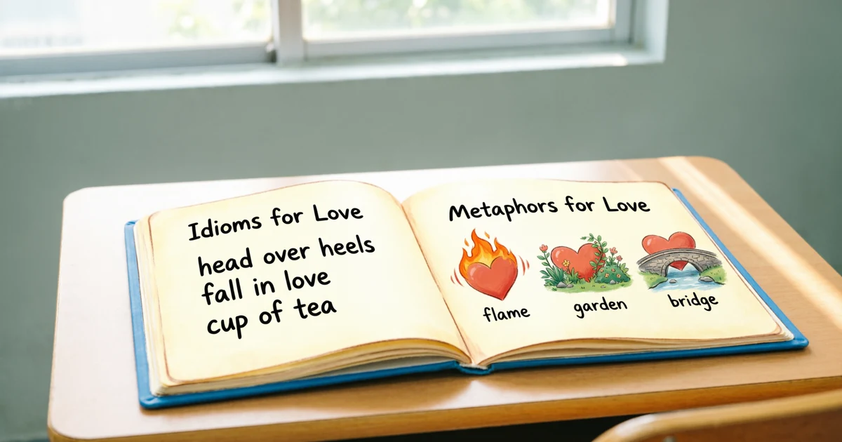 Notebook showing idioms for love and metaphor examples with heart, flame, garden, and bridge illustrations.