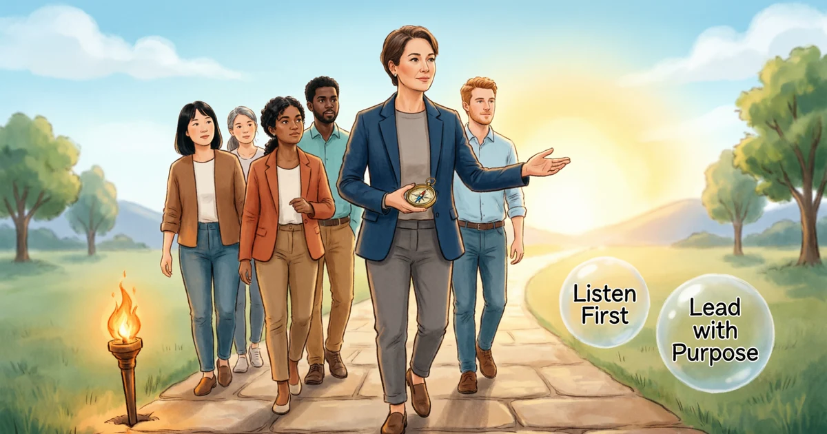 Illustration of a leader guiding a team with symbols representing leadership idioms and metaphors.