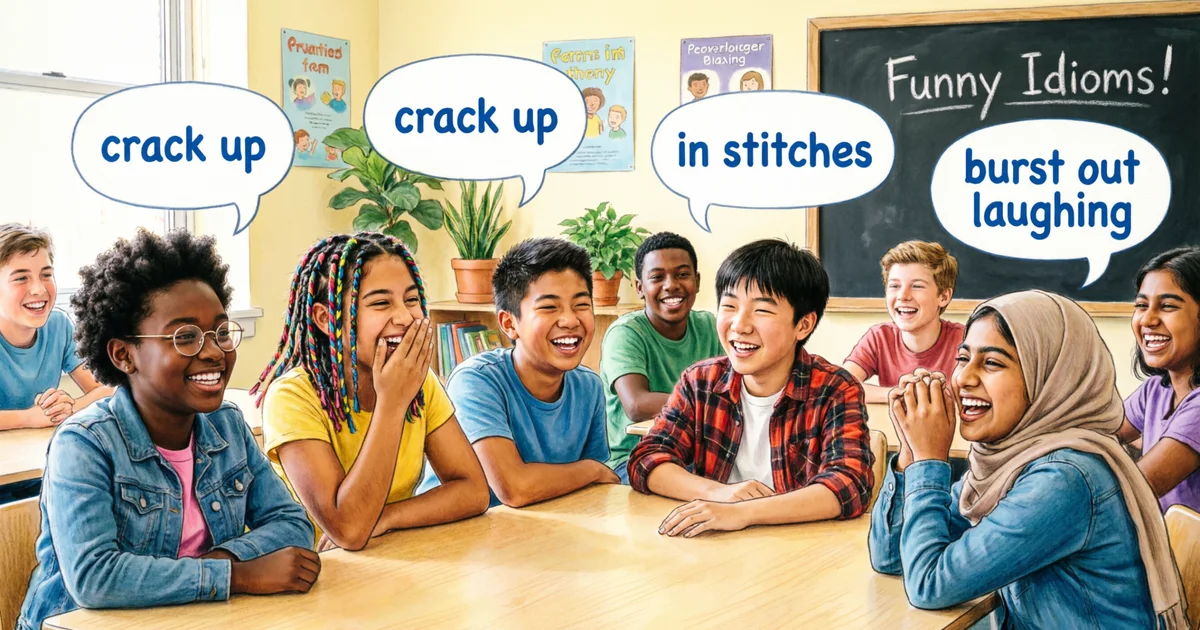 Students laughing together with speech bubbles showing common idioms for laughing.