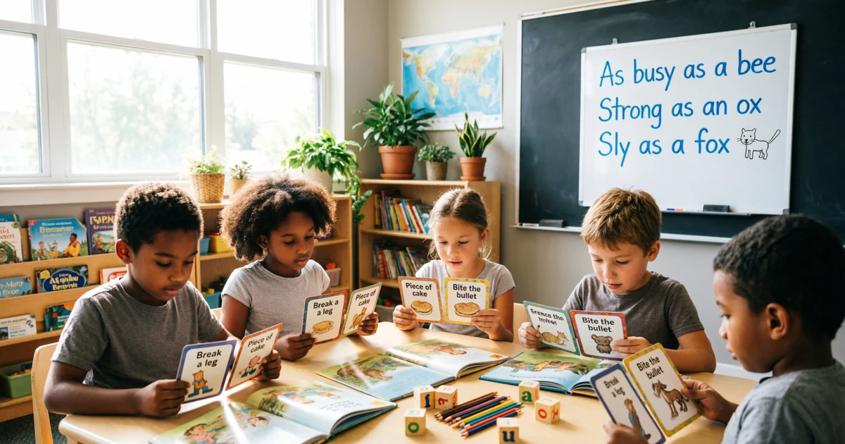 Children learning idioms and metaphors in a classroom with colorful English phrase cards.