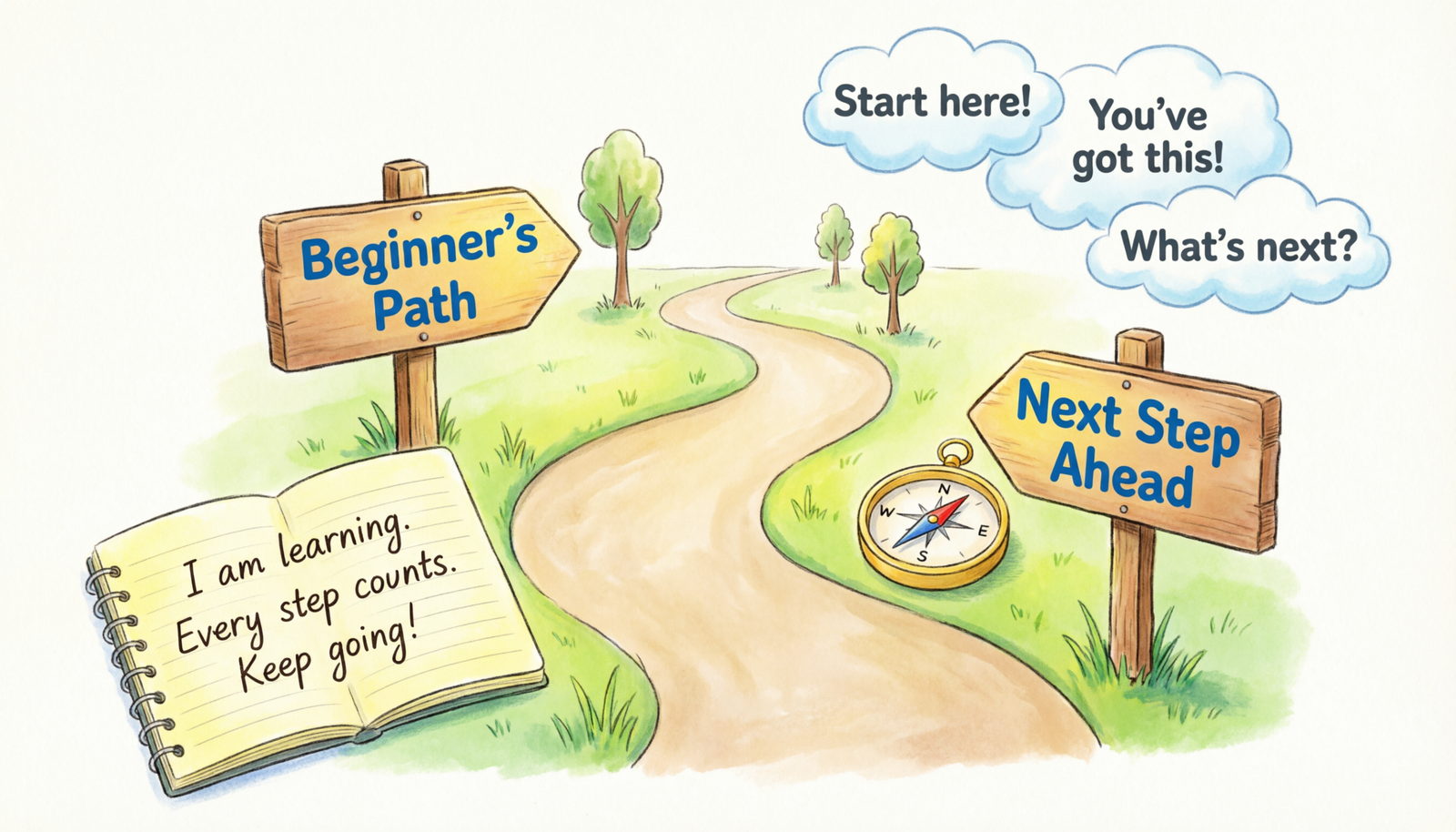 Illustration of a winding road, compass, and notes explaining idioms and metaphors for journey.