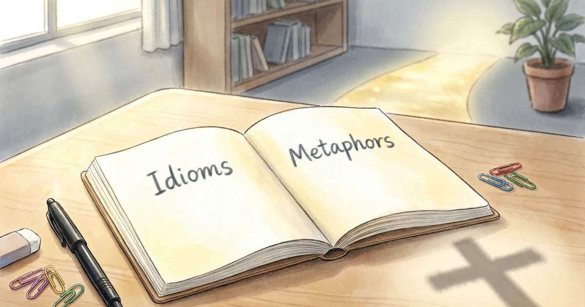 Create a warm, respectful educational illustration showing an open notebook with the words “Idioms” and “Metaphors,” soft light, subtle Christian symbolism such as a small cross shadow or glowing path, classroom-style learning atmosphere, neutral colors, clean composition, no depiction of Jesus’ face, suitable for students and ESL learners.