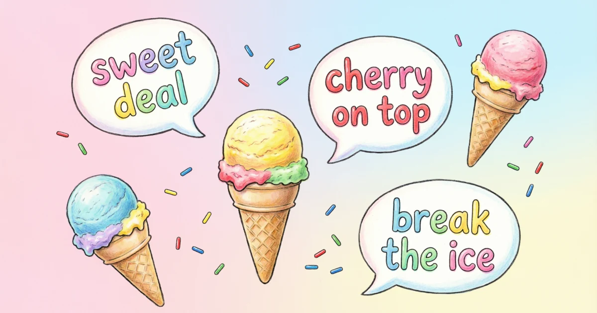 Colorful ice cream cones with speech bubbles showing sweet idioms and dessert expressions for English learners.