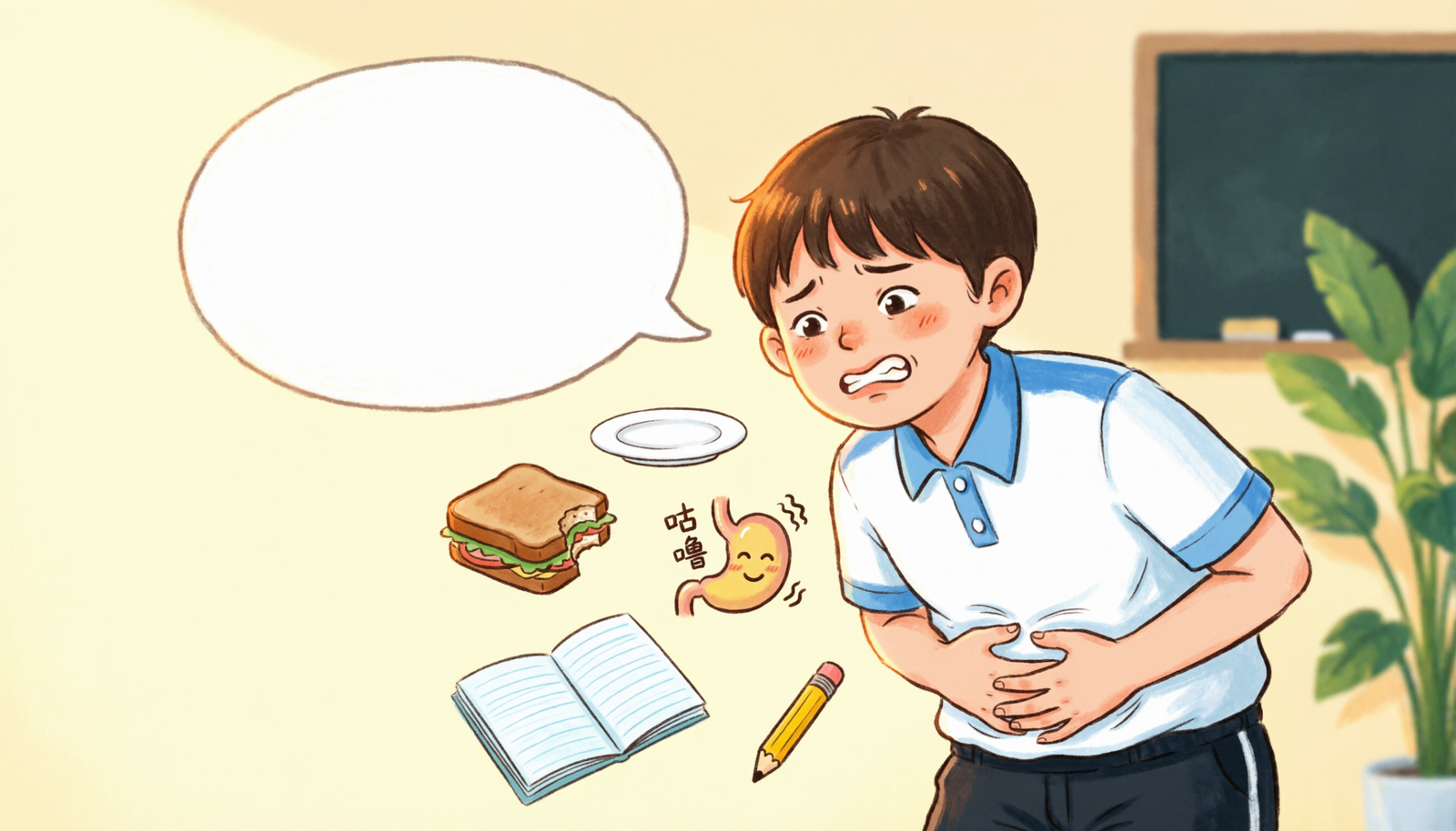 Student learning English idioms for hungry with food symbols and classroom notes