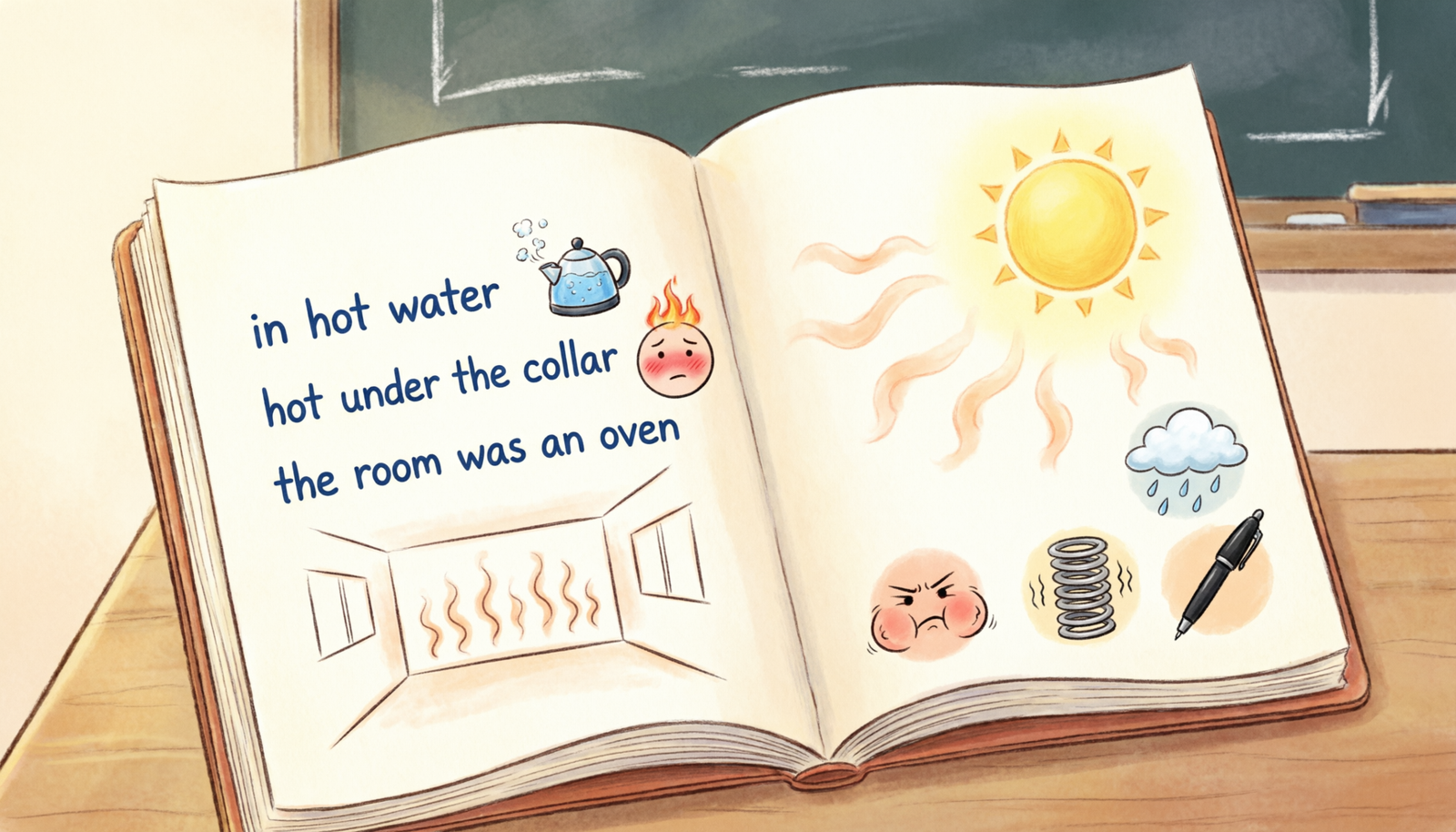 Notebook showing idioms for hot with heat-related expressions, examples, and simple ESL learning visuals.