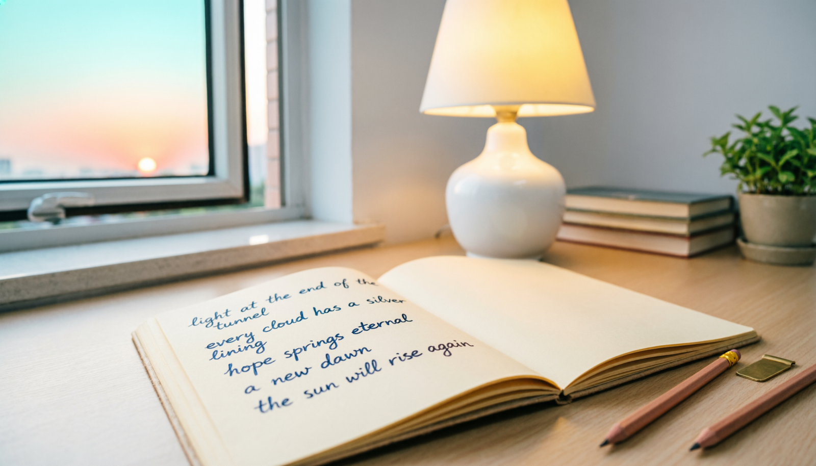 Notebook showing idioms for hope with warm light and hopeful learning symbols