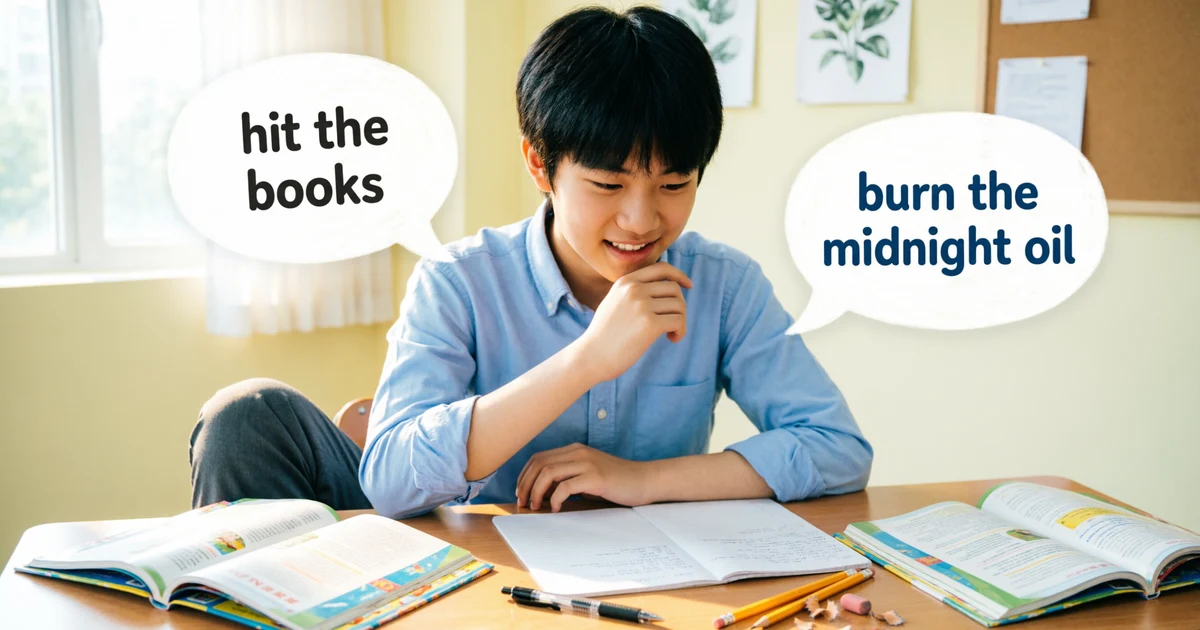 Student studying with books and speech bubbles showing common idioms for homework.