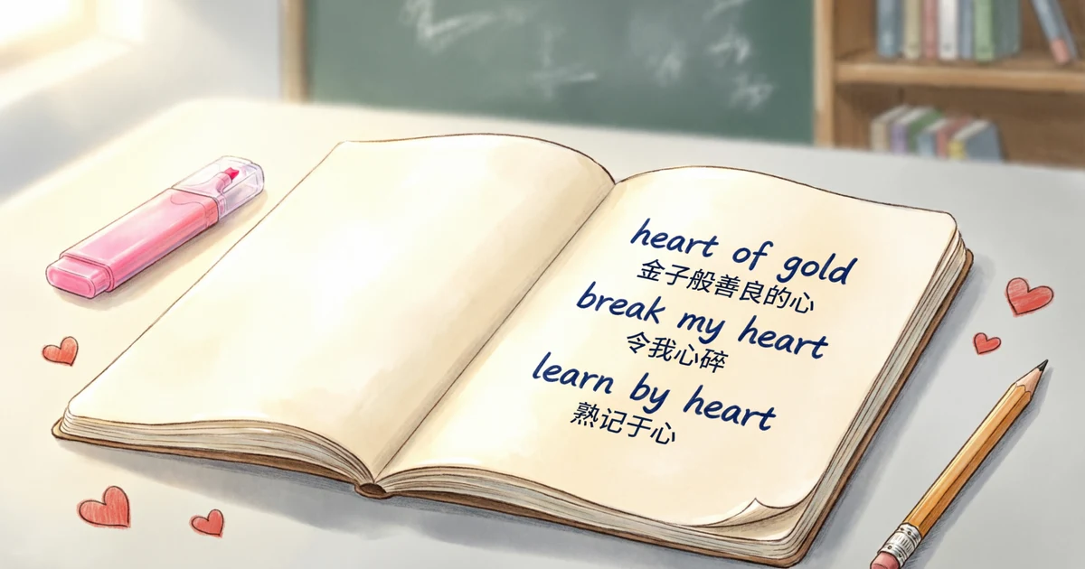 Notebook showing common heart idioms with examples for English learners