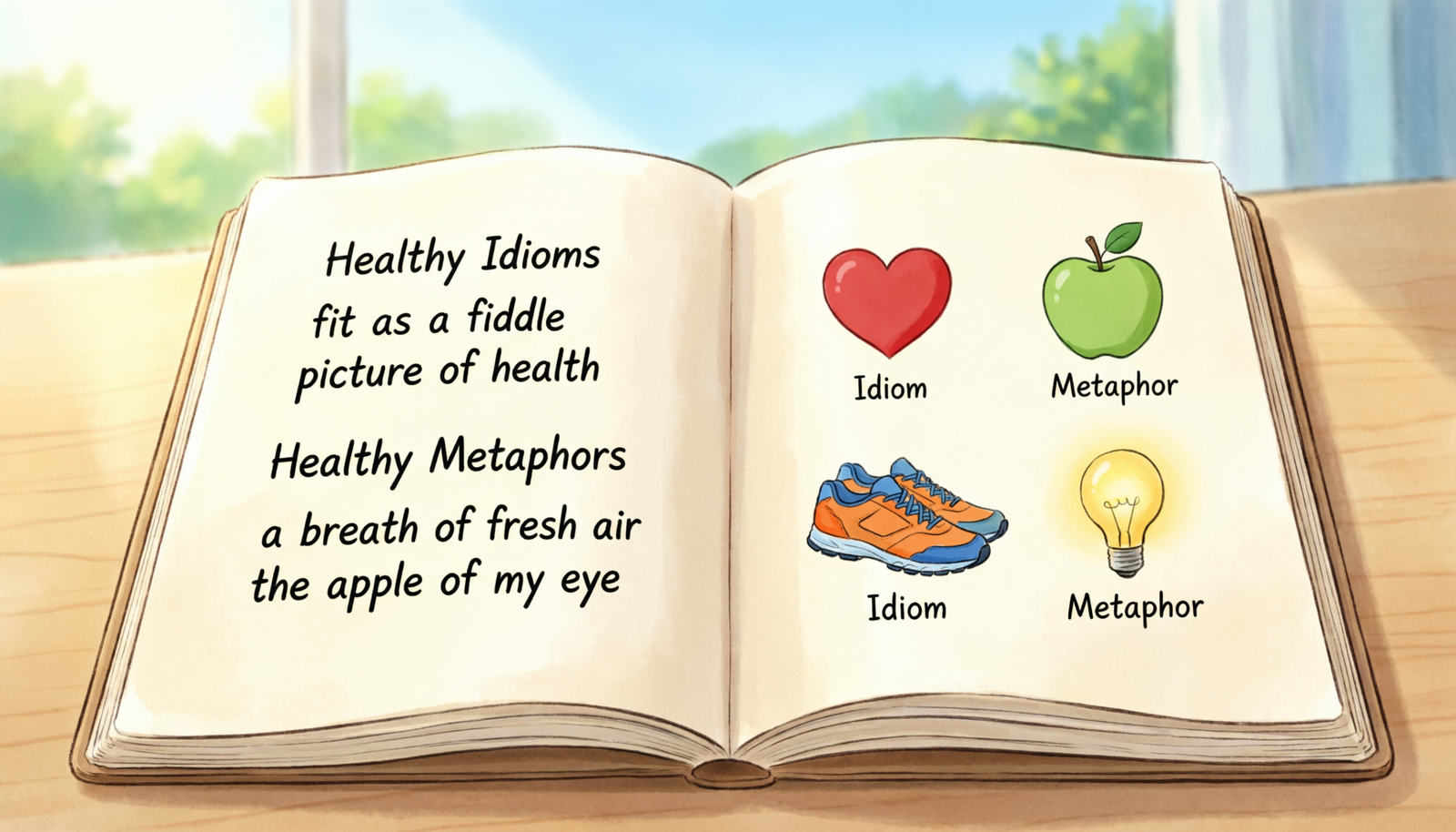 Student notebook showing idioms for healthy and metaphor examples with health and learning icons.