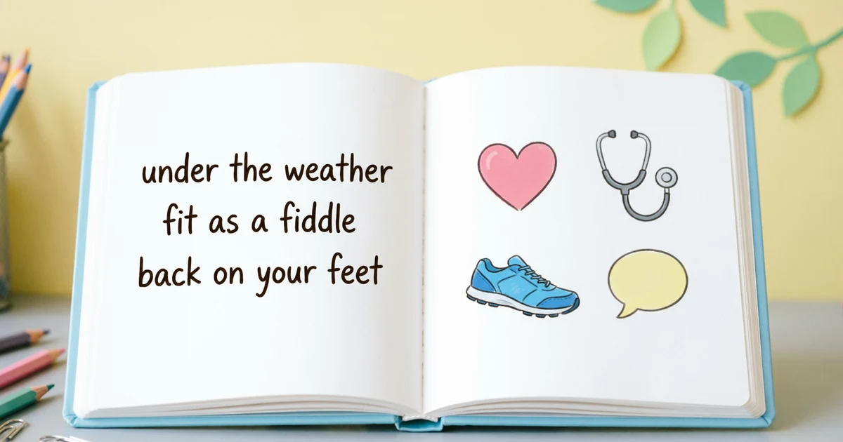 Educational illustration showing common idioms for health with wellness icons and English learning notes.