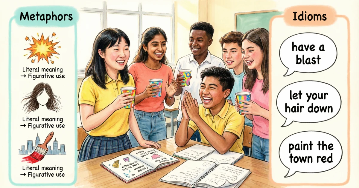 Students learning idioms for having a good time with examples of idioms and metaphors in speech bubbles